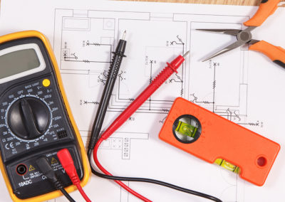 Electrical diagrams, multimeter for measurement in electrical installation and accessories for engineer jobs